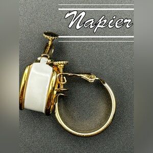 Vintage Napier White Enamel Gold Tone Hoop Clip On Screw Back Earrings